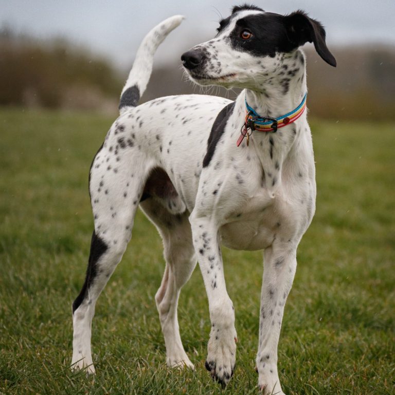 A spotted dog stands alert in a grassy field, looking to the side.