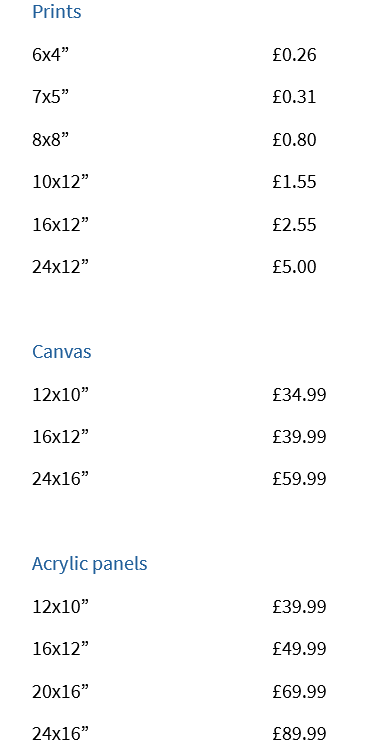 Product pricing list for various print sizes, canvas options, and acrylic panels.