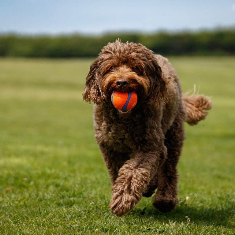 A brown dog running on a grassy field, carrying a blue and orange ball in its mouth.